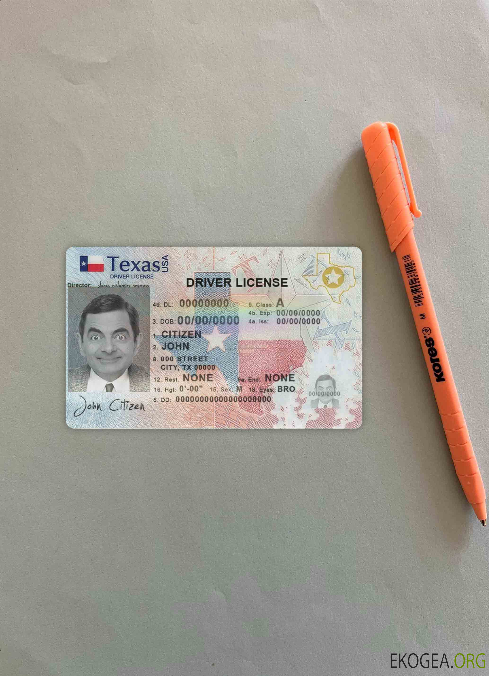 Modèle de permis de conduire USA Texas au format PSD, entièrement modifiable (2020 – présent) photolook FRONT